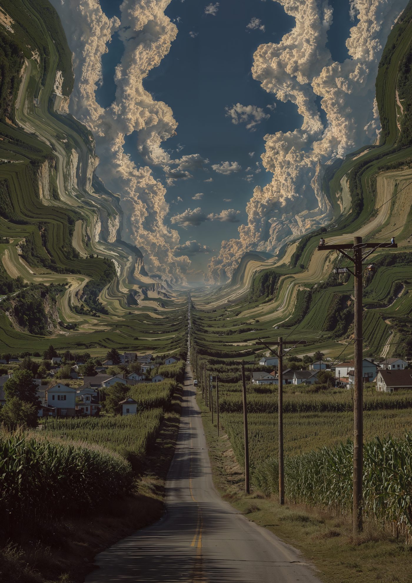 Synthetic photograph of a suburban street with telephone poles dissolving into a golden sky — AI-generated post-photography by Justin Miller